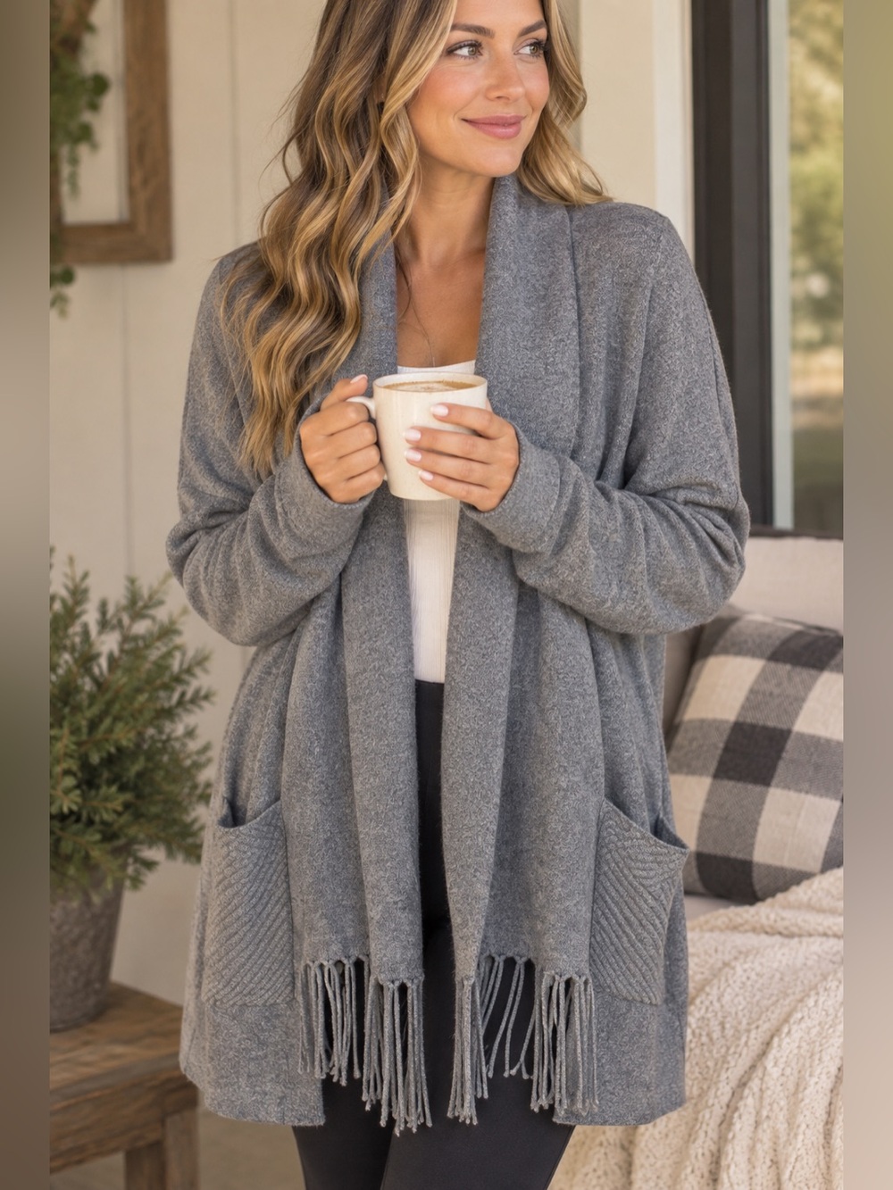 Tahari Super Soft Gray Fringe Open-Front Shawl Cardigan size Medium